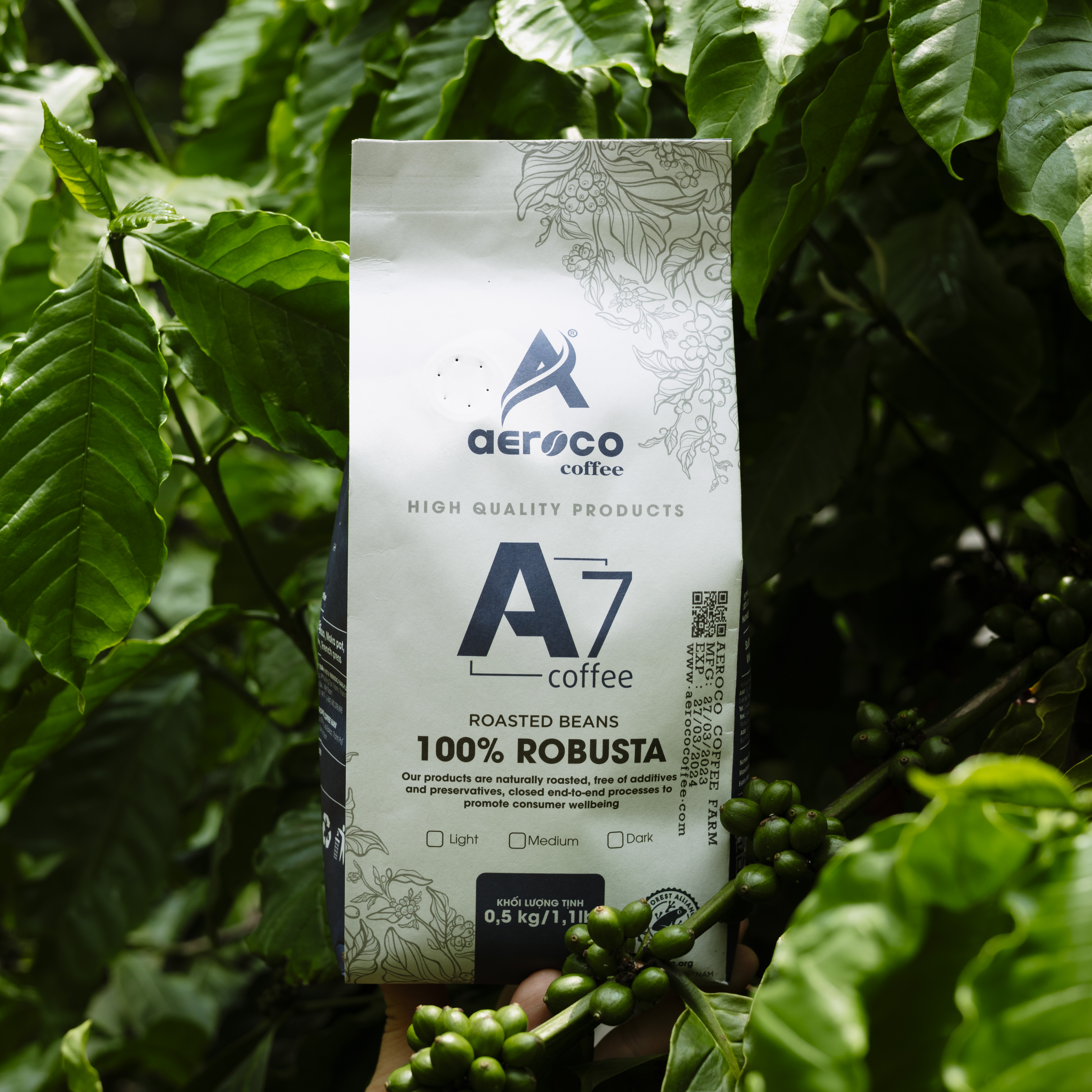 Gói 500g_Cà phê AEROCO hạt rang A7 (100% Robusta) nguyên chất 100% rang mộc hậu vị ngọt thơm quyến rũ, phù hợp pha máy và pha phin