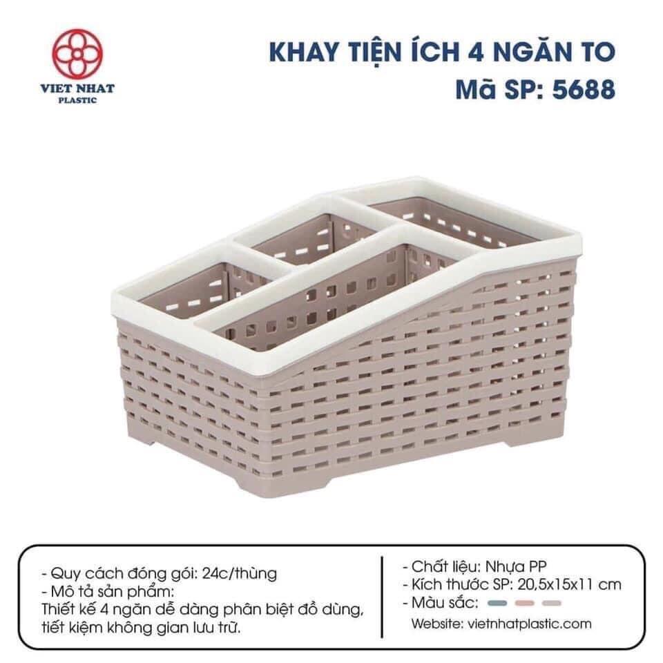 Khay tiện ích Việt Nhật loại to 5688 - khay 4 ngăn để bàn đựng bút, đồ dùng đa năng