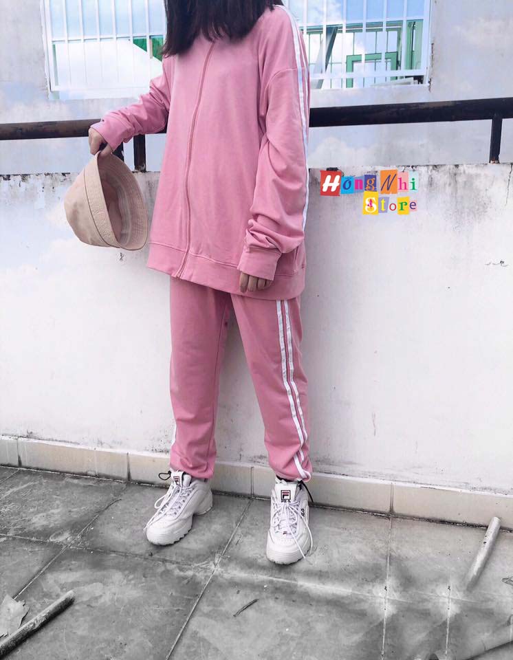 Set Bộ Thể Thao Oversize Ulzzang Unisex Áo Khoác Tay Dài Quần Jogger Dài Màu Hồng Cao Cấp - MM