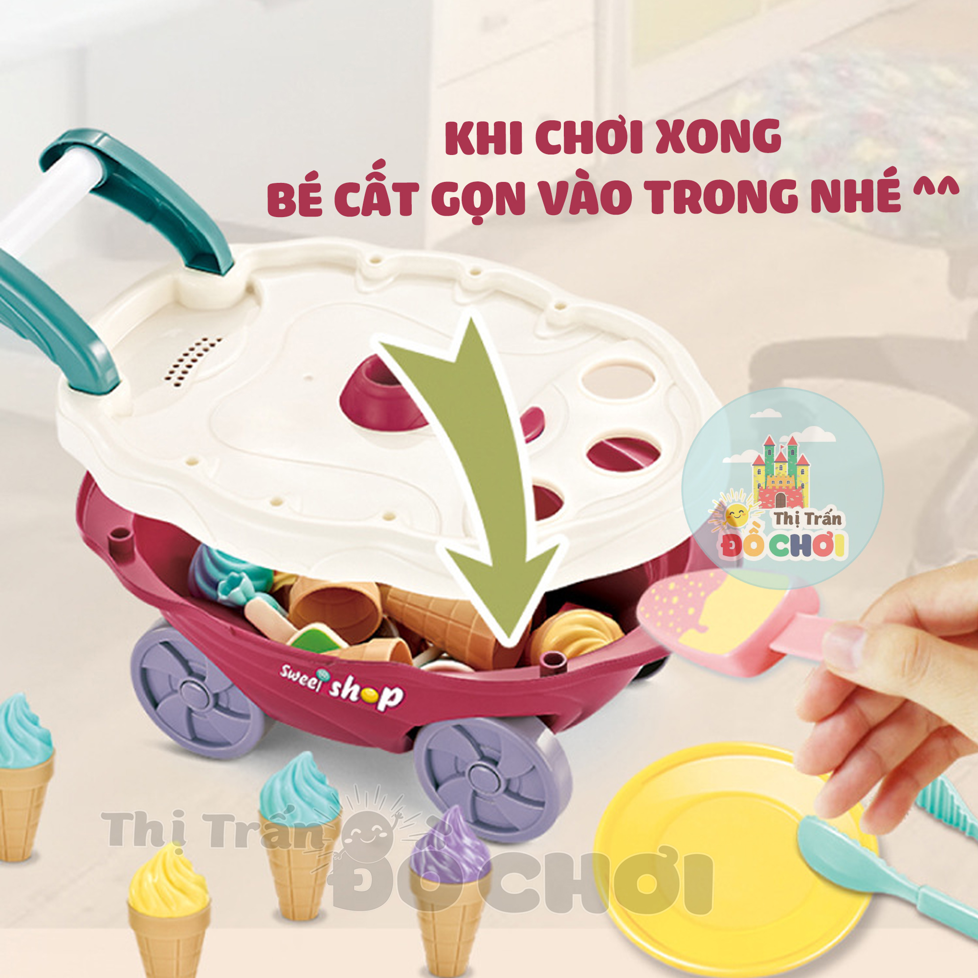 Bộ đồ chơi xe đẩy bán kem 2 tầng có nhạc đèn cho bé 668-91