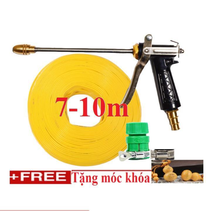 Bộ dây vòi xịt nước rửa xe, tưới cây . tăng áp 3 lần, loại 7m, 10m 206318 đầu đồng,đai,nối vàng+tặng móc khoá