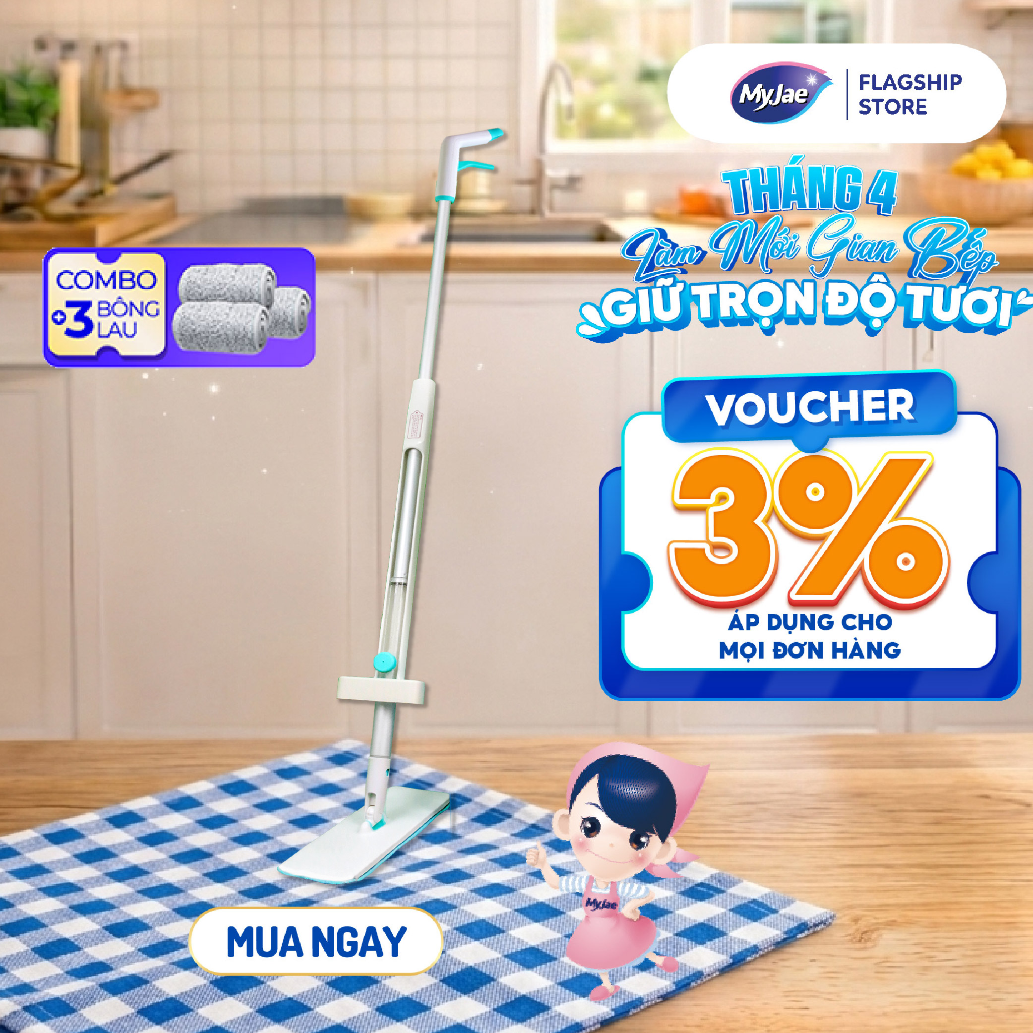 Combo 3 Bông Lau  1 Cây Lau Nhà MyJae Sợi Microfiber Tự Vắt Phun Sương Xoay 360 Độ Thông Minh 138cm