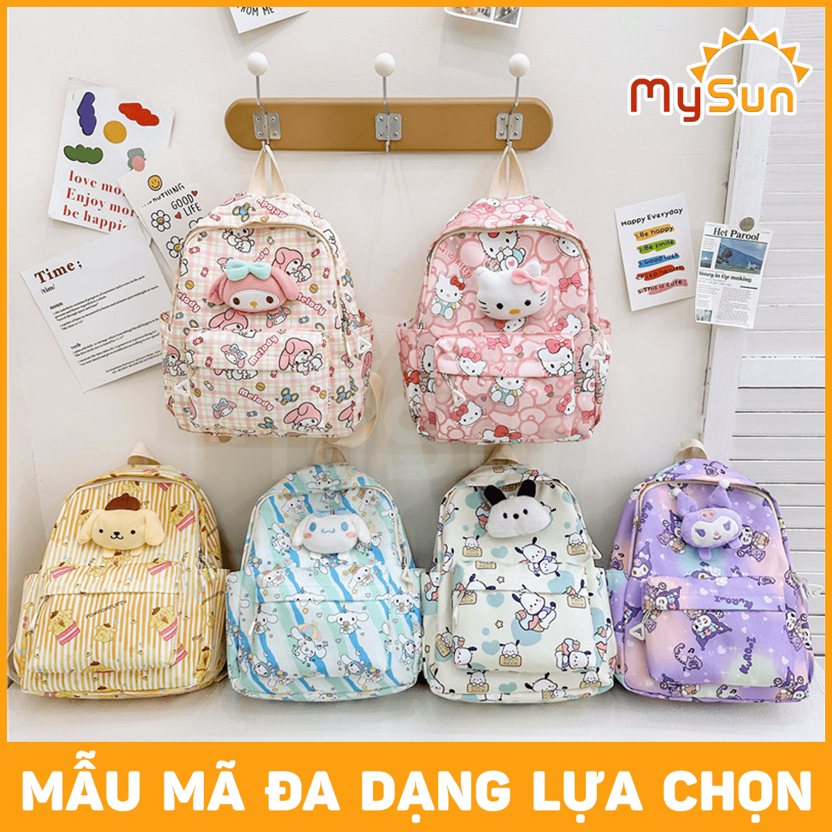 Balo cặp Hello Kitty Kuromi cho bé gái mẫu giáo học sinh cấp 1 tiểu học lớp 1 2 3 cute dễ thương MySun