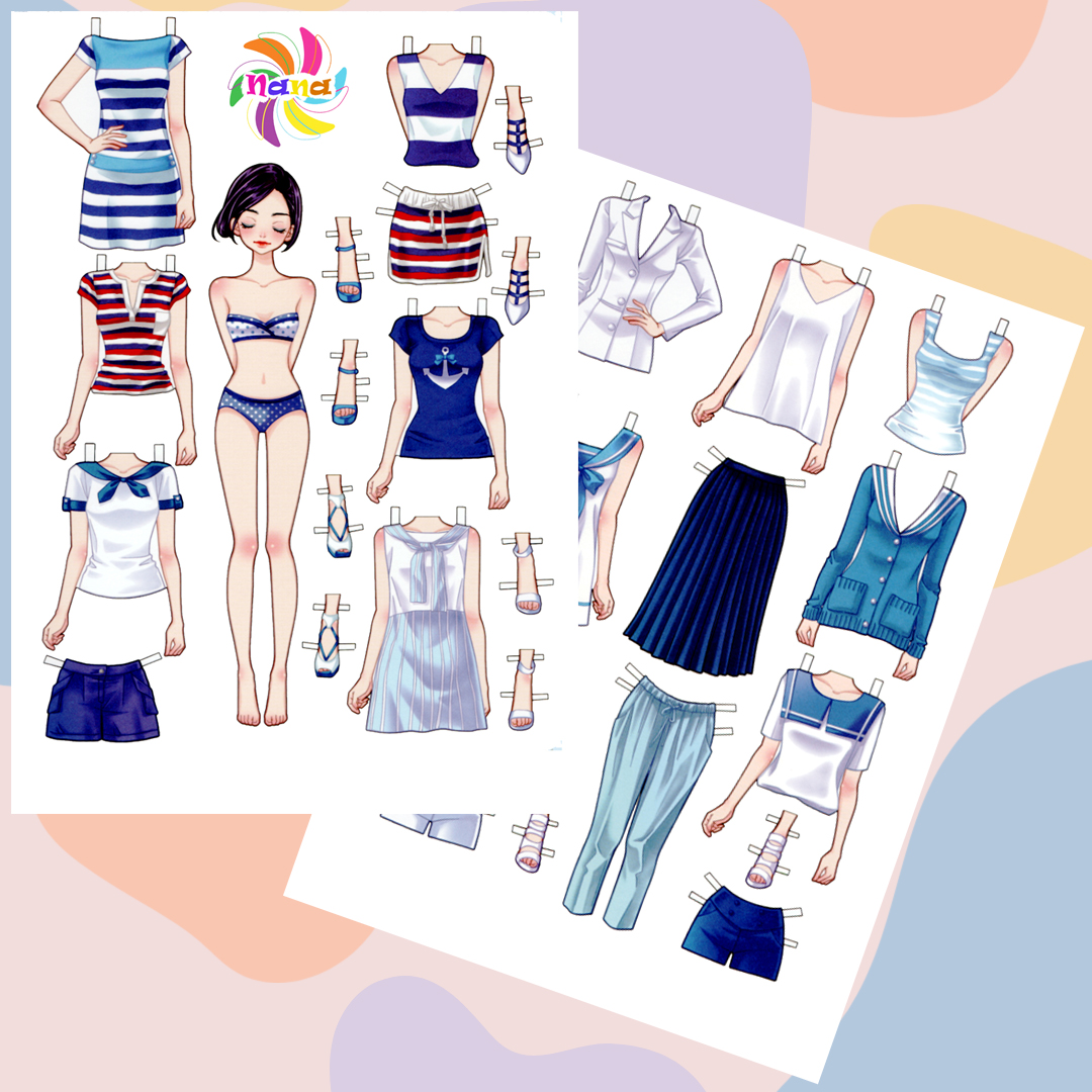 Búp bê giấy (paper doll) thay đồ phong cách Hàn Quốc giấy cắt thủ công cho bé Combo 6 hình siêu đáng yêu BBG0018