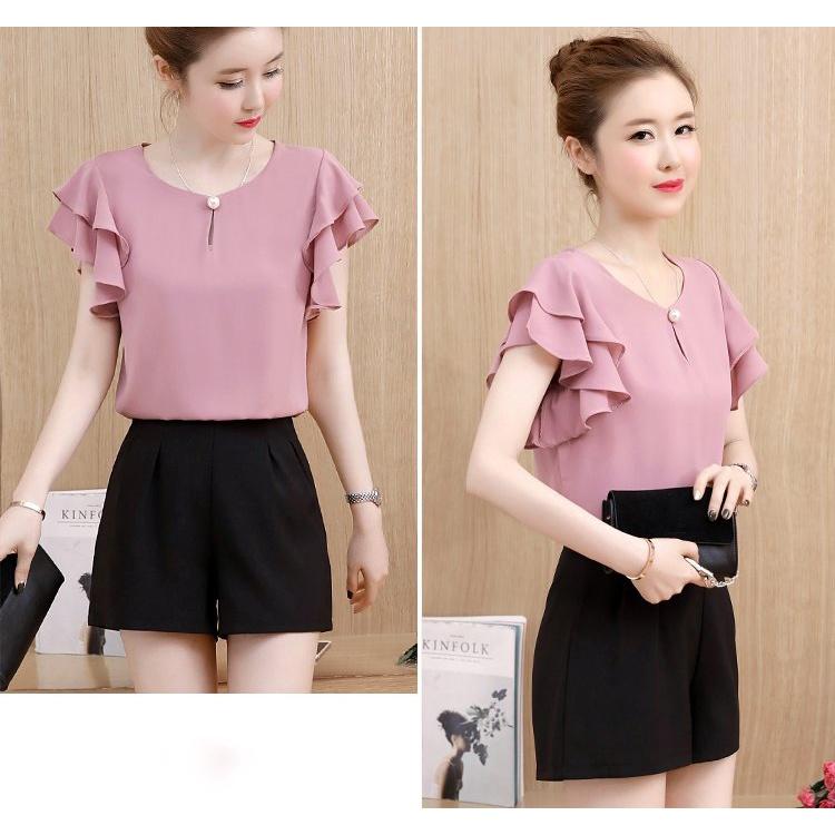 Áo Kiểu Cổ Phối Ngọc Tay Cánh Dơi 2 Tầng Cách Điệu