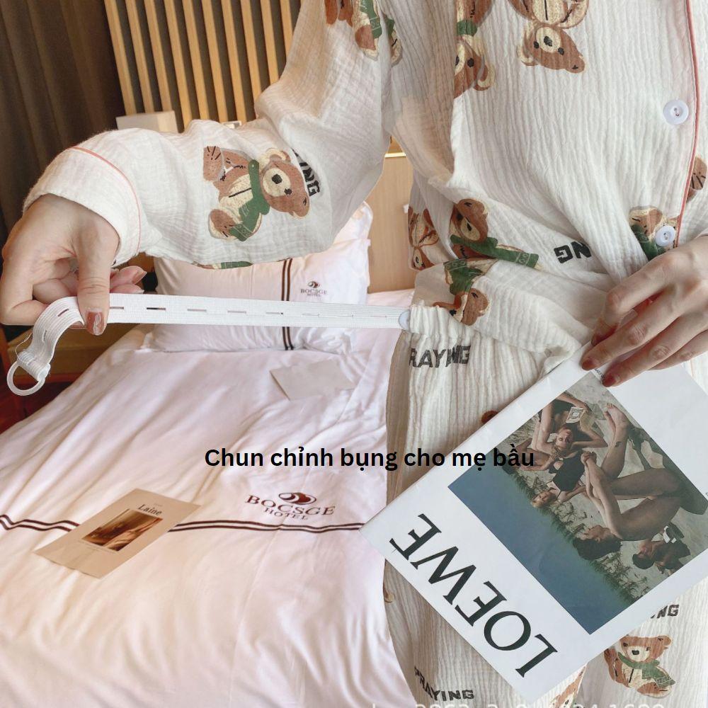 Bộ Đồ Bầu Sau Sinh Dài Tay Azuno AZ65 Chất Liệu Muslin Mặc Hè Chất Mát Thấm Hút Mồ Hôi Quần Có Chun Chỉnh Bụng