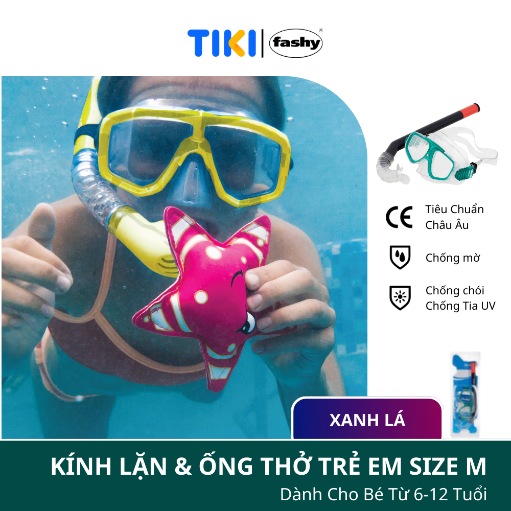 Kính lặn trẻ em kèm ống thở nhập khẩu từ Đức thương hiệu Fashy, đạt tiêu chuẩn chất lượng Châu Âu, thiết kế phù hợp lặn hồ, biển cho cả bé trai và bé gái từ 6-12 tuổi size M nhiều màu