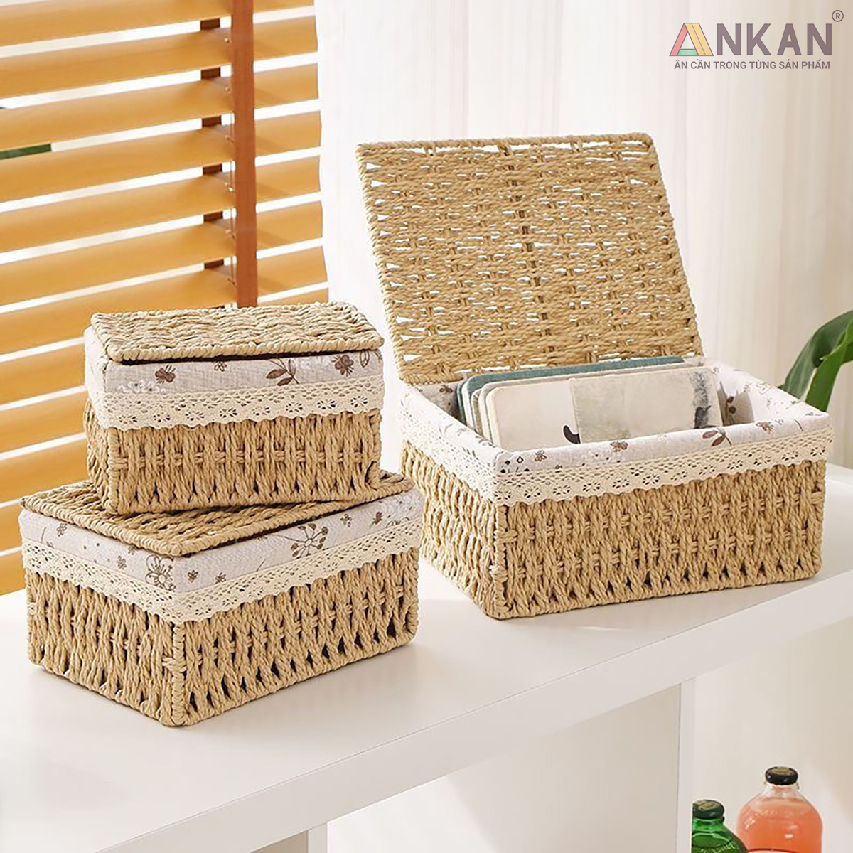 Giỏ mây có nắp đựng đồ, đựng thức ăn, phụ kiện, thích hợp trang trí decor trong nhà, giúp nhà bạn và nơi làm việc gọn gàng hơn nữa
