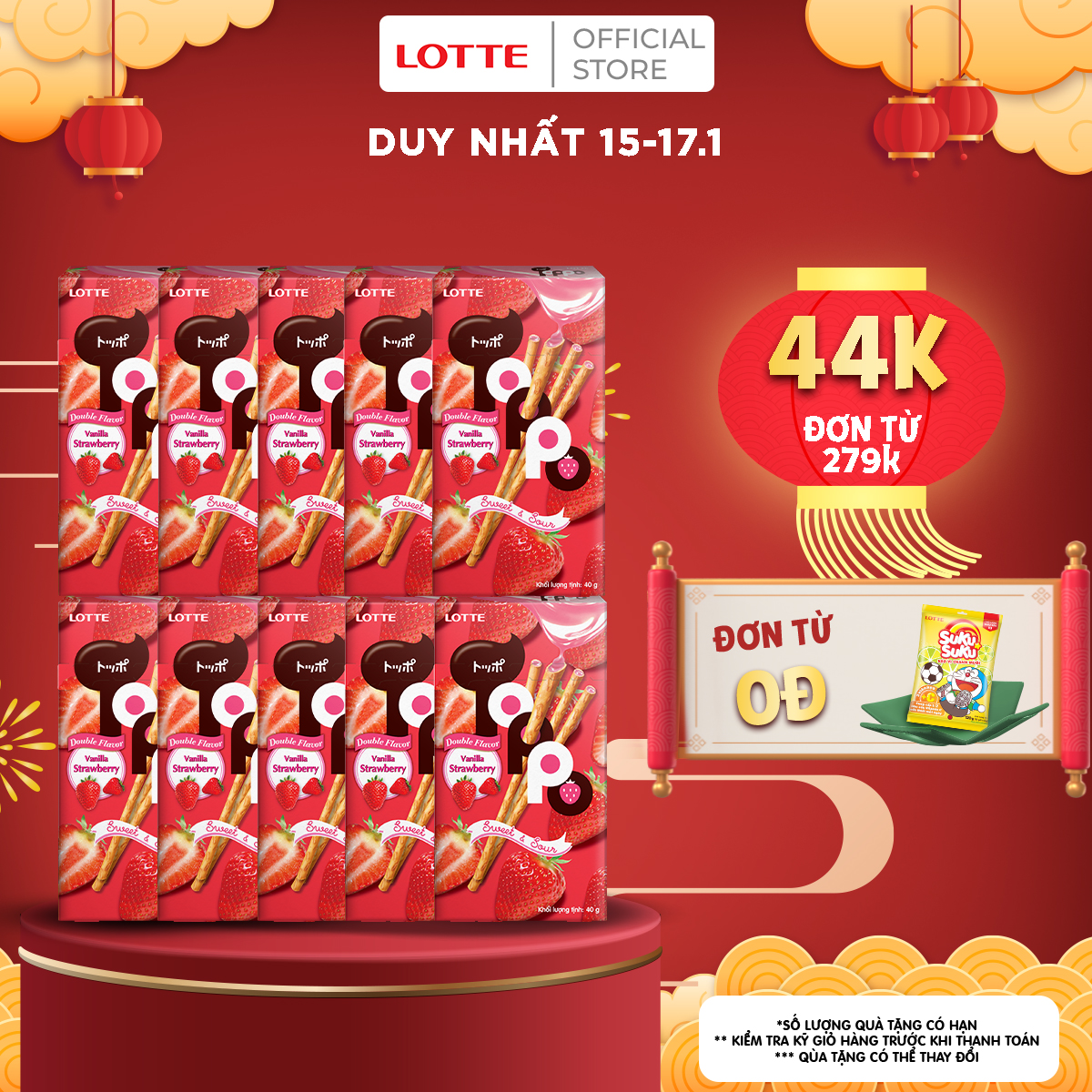 Combo 10 hộp Bánh que Toppo nhân kem dâu 40 g