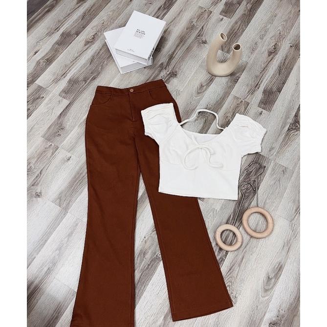 SET ÁO CROPTOP TRẮNG + QUẦN SUÔNG NÂU