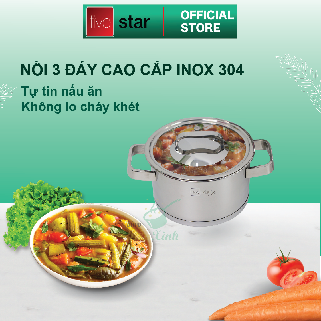 Bộ 4 nồi 3 đáy inox 304 FiveStar Plus quai vuông nắp kính-sử dụng bếp từ ( tặng 1 vá canh )