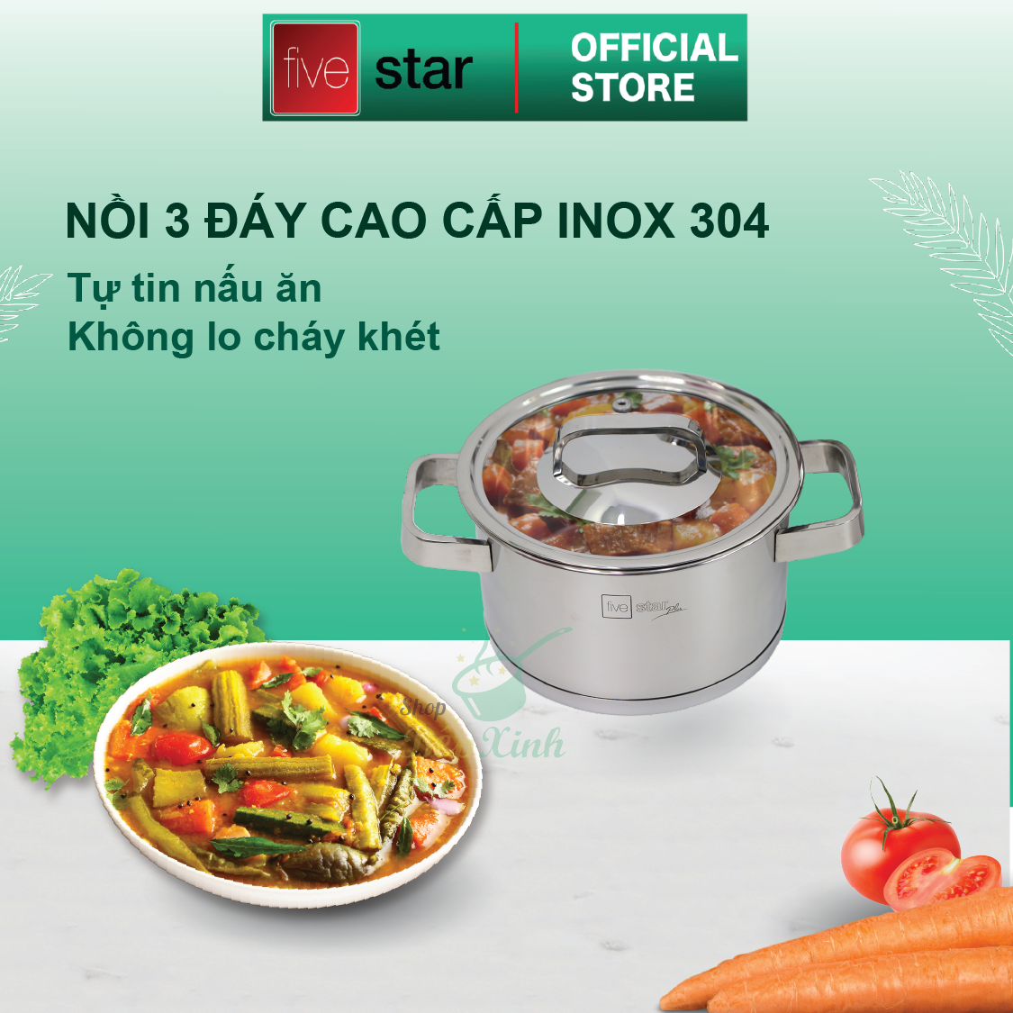 Bộ Nồi Inox 304 Fivestar Plush 3 đáy từ 4 Món Nắp Kính