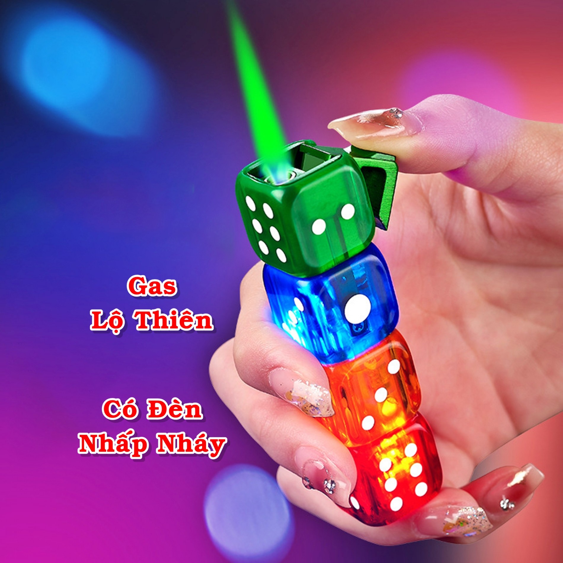 Hột quẹt bật lửa khè lộ thiên hình 4 viên xí ngầu có đèn led nhấp nháy - xài gas