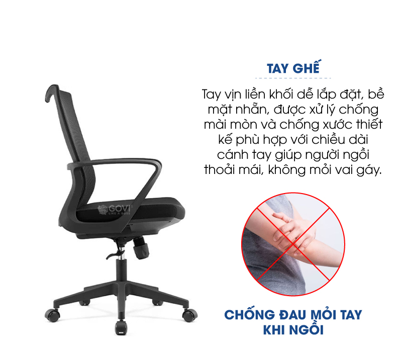 Ghế xoay văn phòng GOVI Ryan R01 Thiết kế hỗ trợ người dùng, lưng lưới thoáng mát, khung ghế chắc chắn