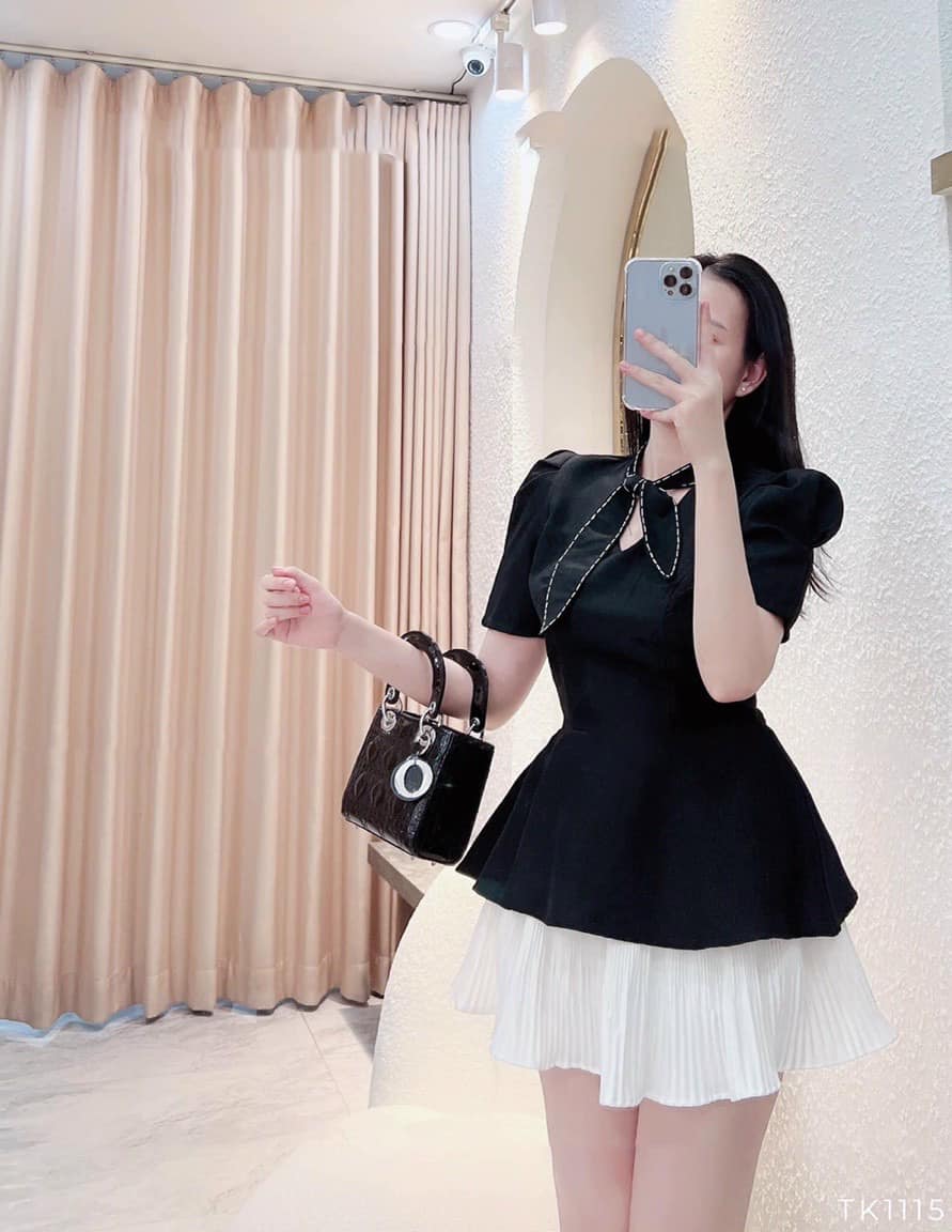 Áo peplum chỉ nổi cột nơ cổ điệu đà, sang trọng