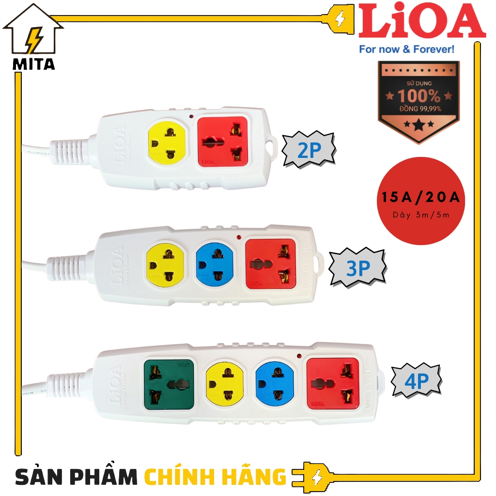 Ổ Cắm Điện Siêu Tải LiOA NEW 2 ổ, 3 ổ, 4 ổ Công suất lớn 3300W/5000W Dây dài 3m/5m 2 Lõi