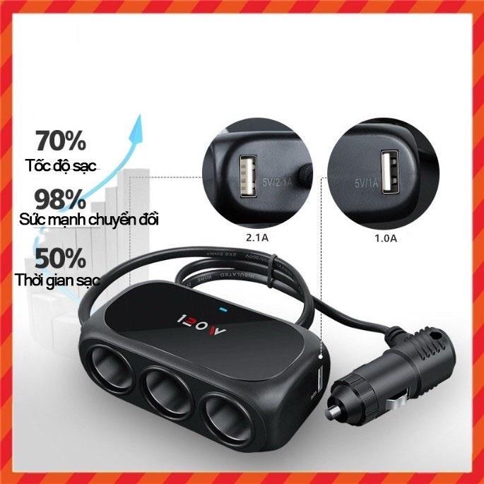 Bộ Chia Cổng Sạc Ôtô đa năng 3 cổng tích hợp 2 USB Cao Cấp WT-D23