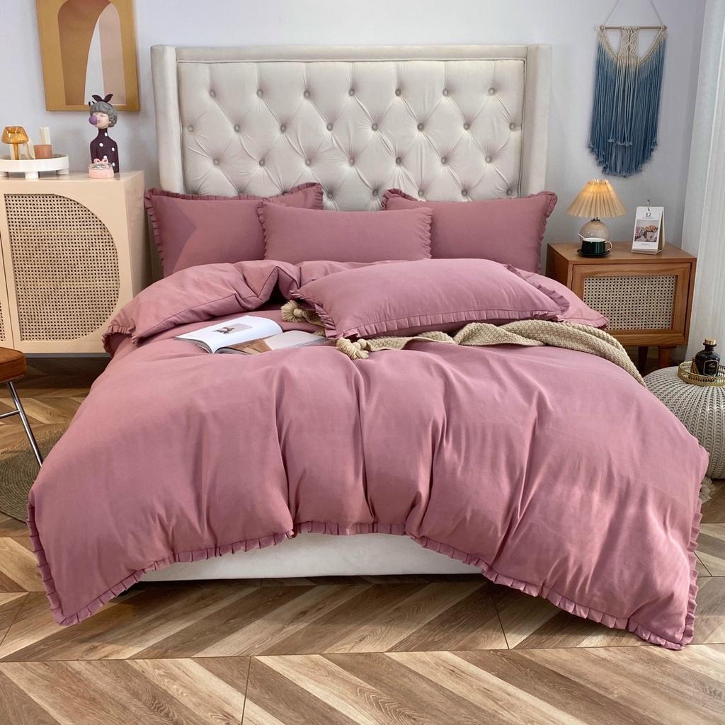 Bộ chăn ga gối riềm bèo cotton tici vải mềm mịn