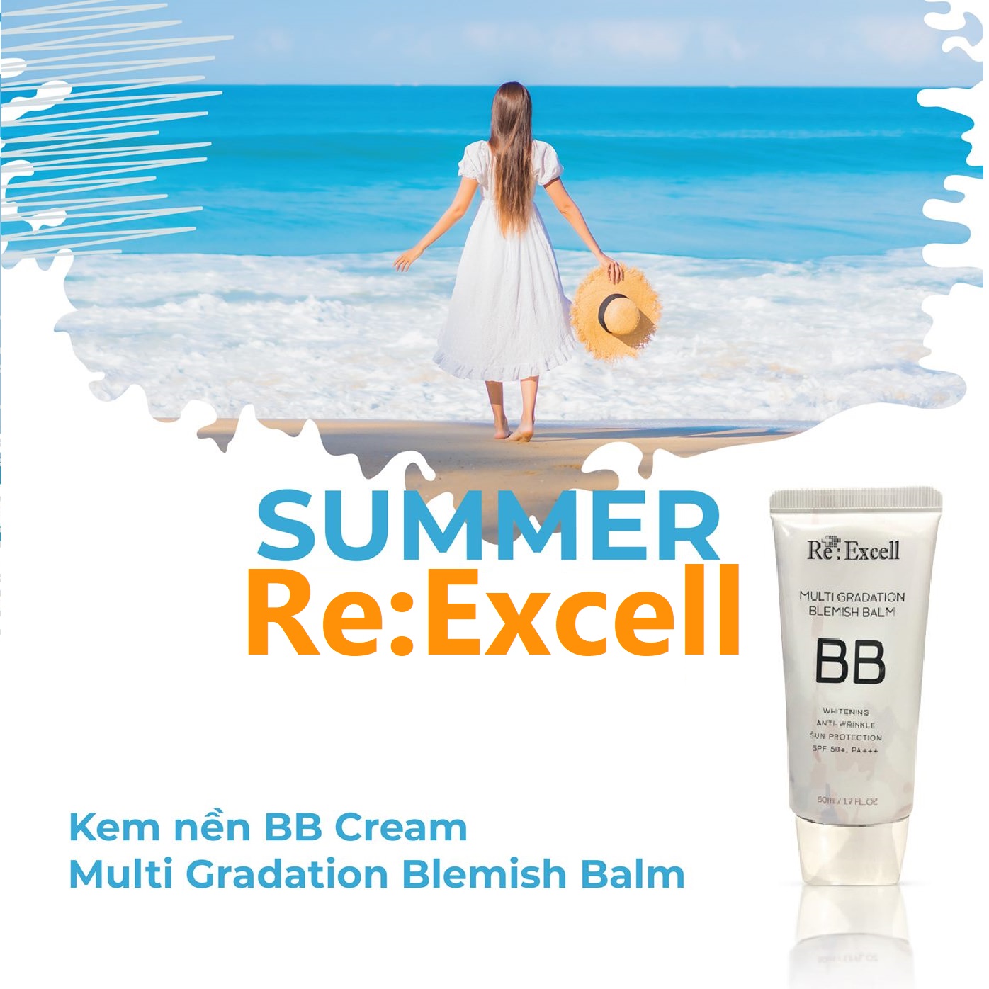 BBCream Re:Excell 4 in1 Hàn Quốc Multi Gradation Blemish Balm R&amp;B kem nền, kem lót trang điểm, che phủ khuyết điểm, chống nắng, bật tone da sáng mịn tự nhiên, không bí bết, không lộ vân kem, 50ml