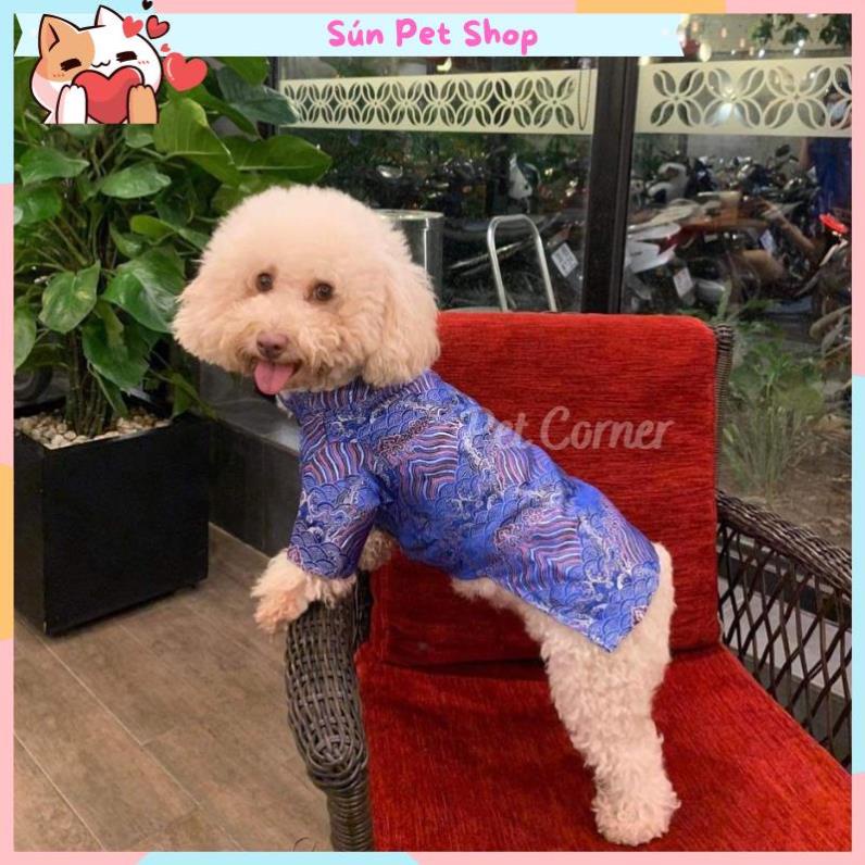 Quần áo Tết cho chó mèo, áo dài vải gấm cho thú cưng