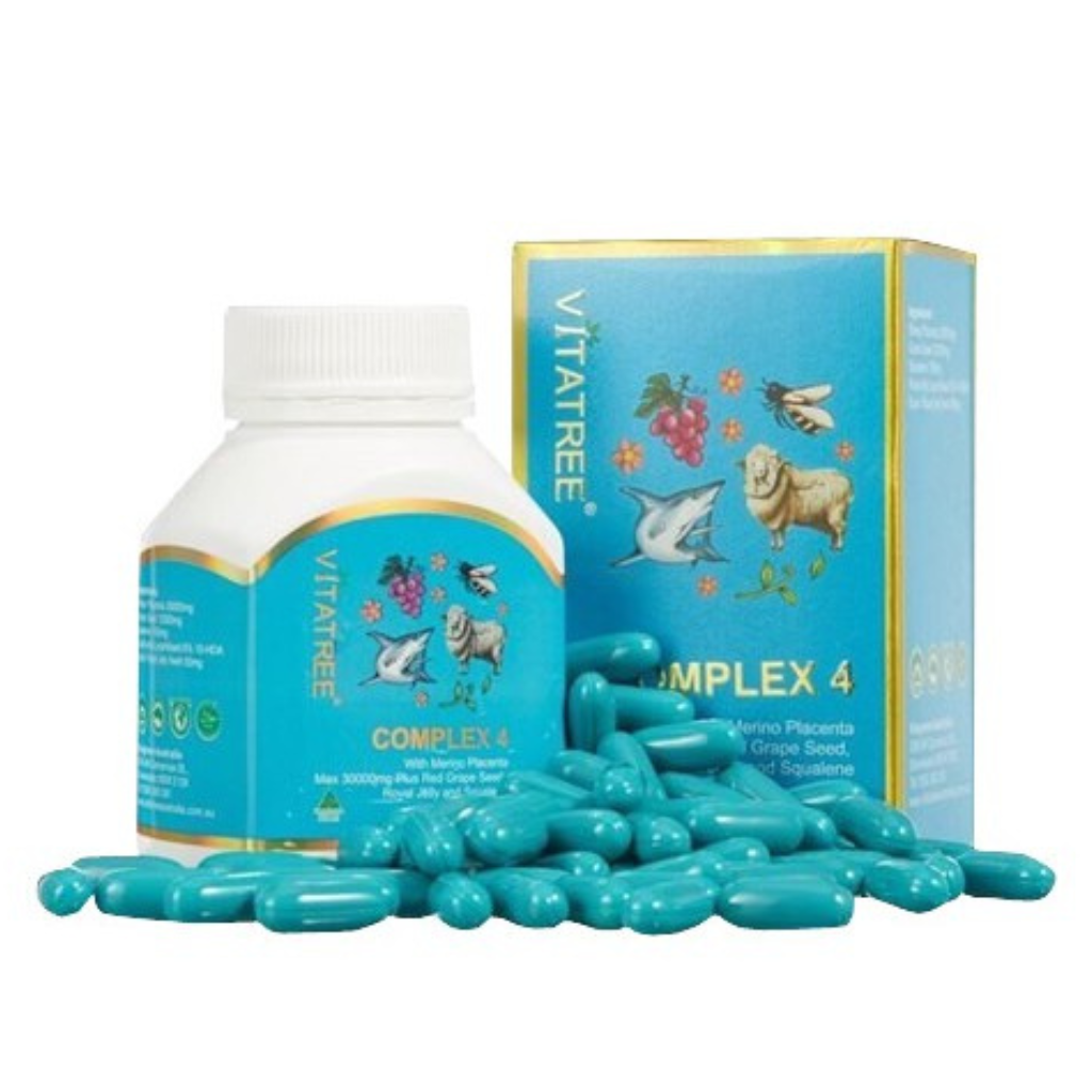 Viên uống kết hợp thành phần nhau thai cừu, sữa ong chúa, squalene và chiết xuất hạt nho Vitatree Complex 4 làm chậm quá trình lão hóa