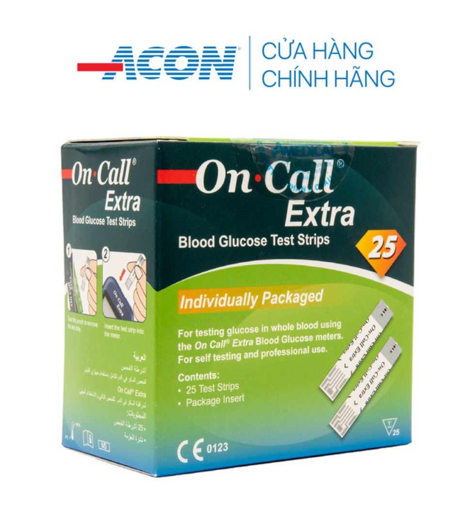Hộp 25 Que thử đường huyết On Call Extra, NK chính ngạch, Tem niêm phong, nhãn phụ TV đẩy đủ