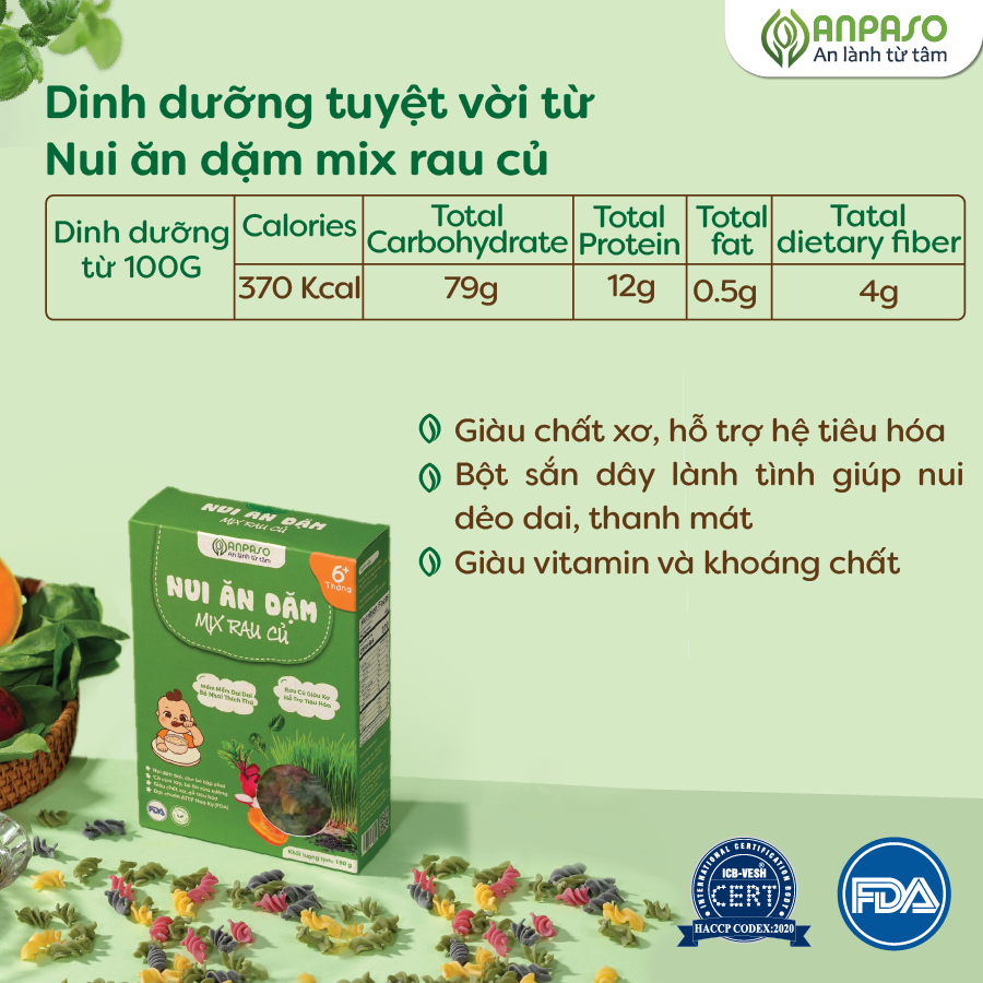 Nui Ăn Dặm Mix Rau Củ Anpaso Cho Bé Từ 6 Tháng Tuổi Hộp 150g, Thực Phẩm Bổ Sung Dinh Dưỡng Chất Xơ, Vitamin K và Canxi cao