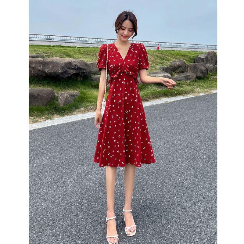 TOBE1SHOP Váy chiffon hoa nhỏ cho phụ nữ 2023 mùa hè Pháp màu đỏ khí chất cao eo mỏng váy