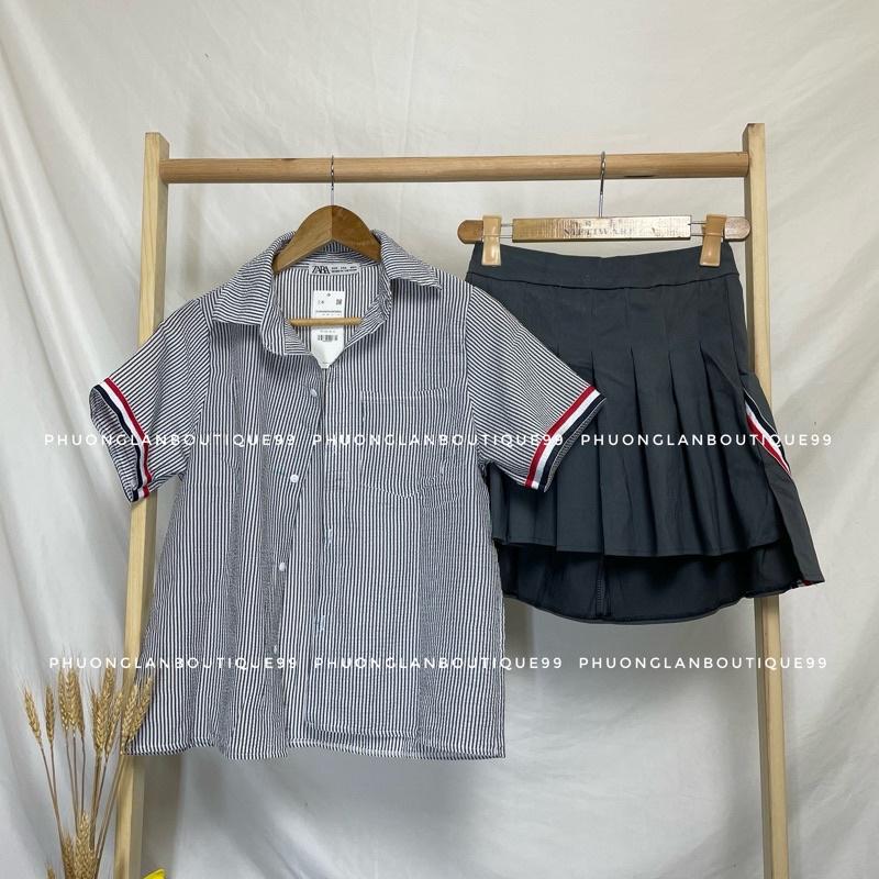 Set bộ, Chân váy xếp li tennis và áo sơ mi kẻ đen cổ bẻ Hàn Quốc Ulzzang phong cách nữ tính PHULA