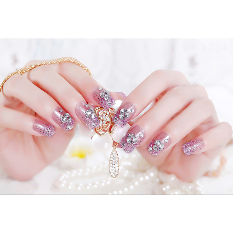 Móng tay giả nail thời trang đính đá - Bộ 24 móng