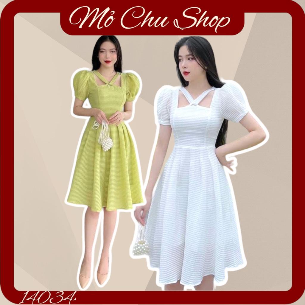 ĐẦM XOÈ CỔ VUÔNG CHÉO DÂY CARO 14034