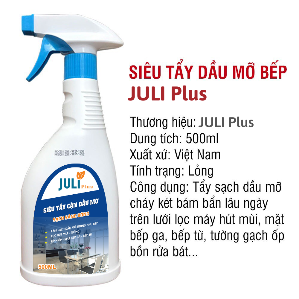 Tẩy dầu mỡ nhà bếp JULI PLUS tẩy sạch lưới lọc máy hút mùi, mặt bếp ga, bếp từ, bếp điện, tường gạch ốp, tẩy xoong, lò vi sóng. Chai 500ml