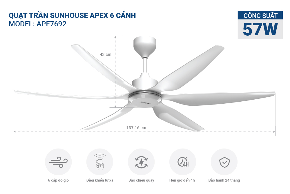 Quạt trần Sunhouse Apex 6 cánh APF-7692, công suất 57W, cánh quạt 3D sải rộng, có điều khiển từ xa, Hàng chính hãng