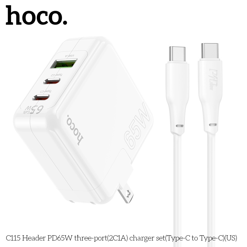 Bộ sạc nhanh 65W chân sạc Typec cao cấp cho điện thoại tiện lợi với 2 cổng type-C, 1 cổng USB an toàn chống cháy nổ - Hàng nhập khẩu