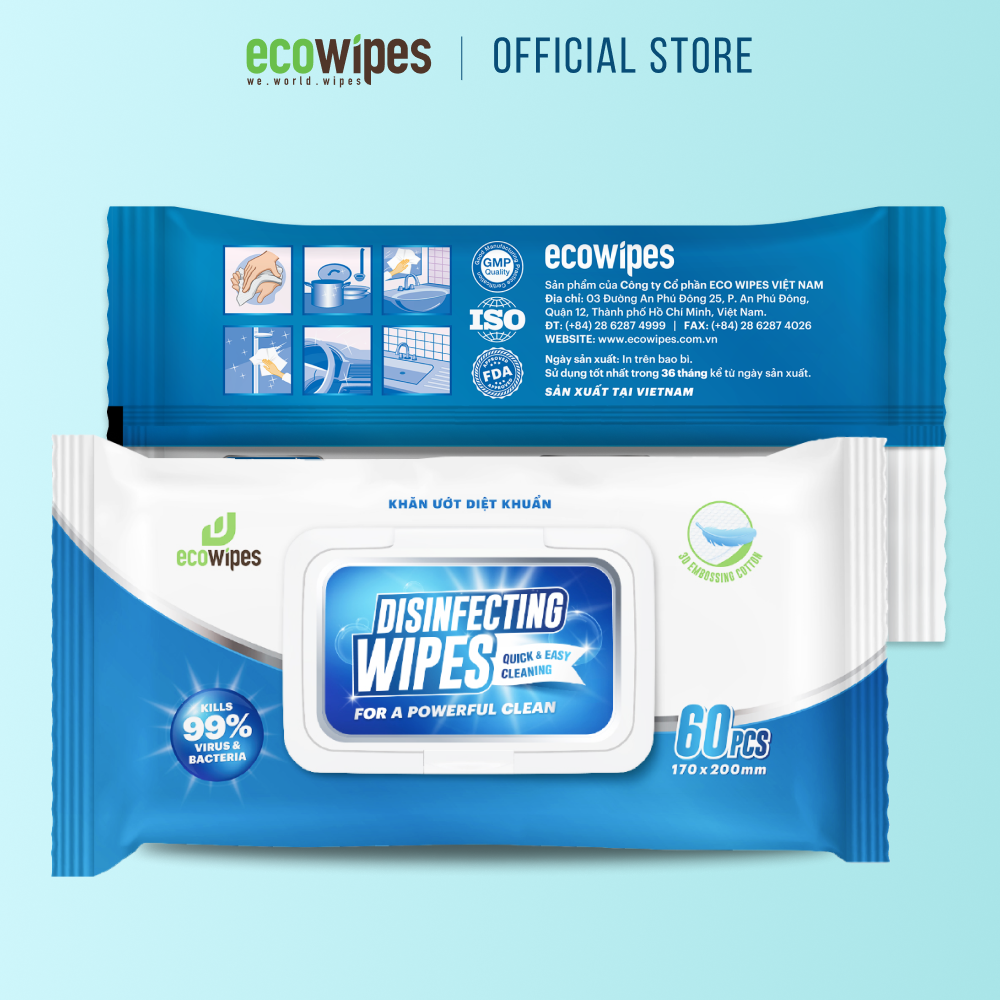 Khăn giấy ướt diệt khuẩn Ecowipes gói 60 tờ Disinfecting Wipes diệt 99,9% vi khuẩn hương chanh dịu nhẹ không kích ứng da