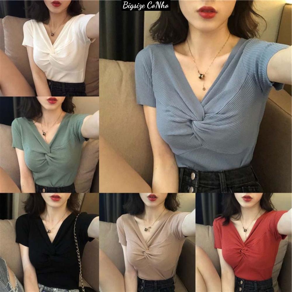 Áo thun bigsize nữ tay nắn kiểu xoắn ngực chất gân tăm co giãn phom rộng 60-92kg G100