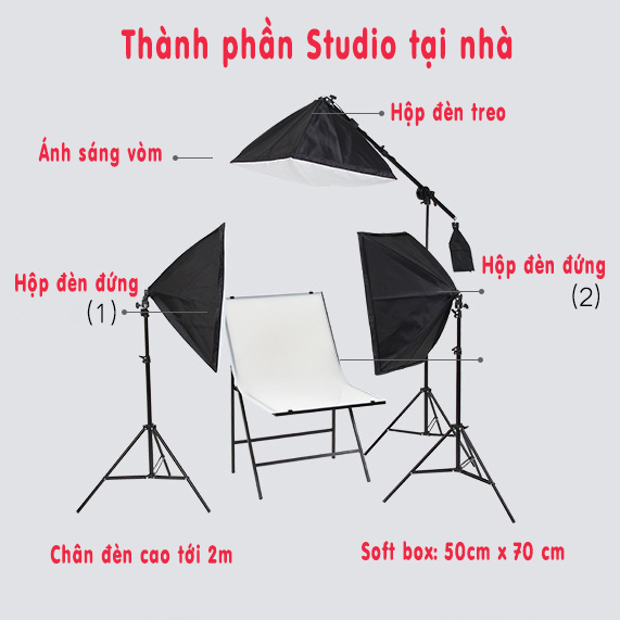 Bộ chân đèn đứng Chụp Ảnh Sản Phẩm, Studio, quay phim, Livestream chuyên nghiệp, chân đèn cao 2m kèm Softbox 50x70cm, đầy đủ dây cắm và công tắc đèn ( không kèm bóng)