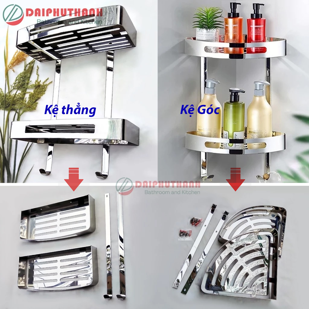 Kệ Nhà Tắm Treo Tường Inox SUS304 Phủ Crome Sáng Bóng - Kiểu 2 tầng, kệ thẳng hoặc treo góc