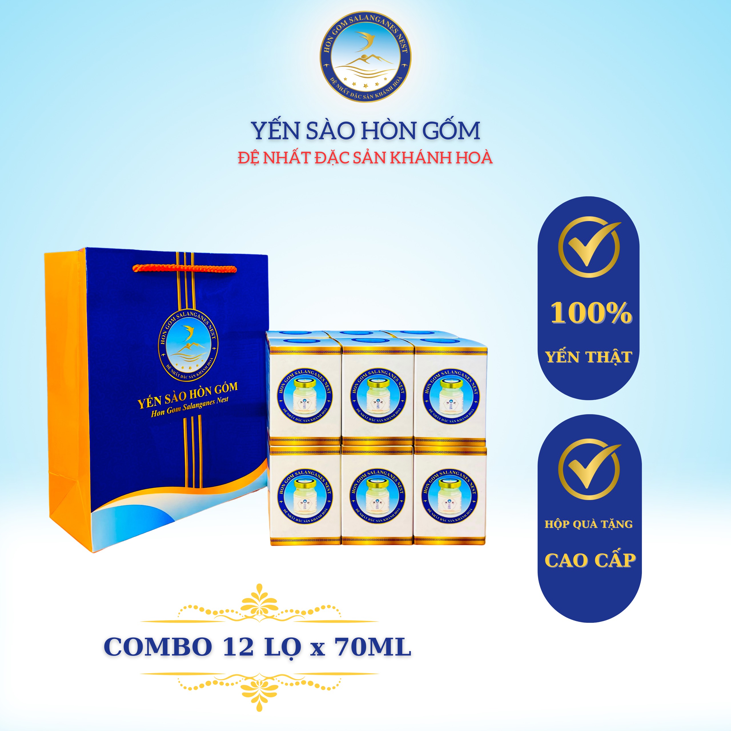 [Combo 12 lọ x 70ml] Nước Yến Sào Chưng Đường Ăn Kiêng - Yến Sào Hòn Gốm Chính Hiệu Khánh Hoà - H G SALANGANES NEST