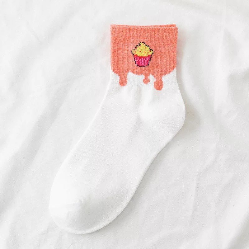 Combo 5 Đôi Tất Vớ Nữ Cotton Cao Cổ In Hình Món Ăn Phong Cách Valentine Ngọt Ngào TN36