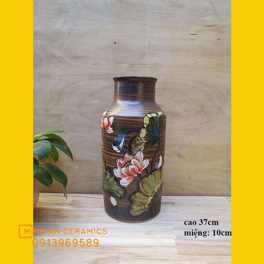 Bình hoa lọ hoa bát tràng dáng phích vẽ hoa văn men mộc gốm Minh An Bát tràng cao 37cm