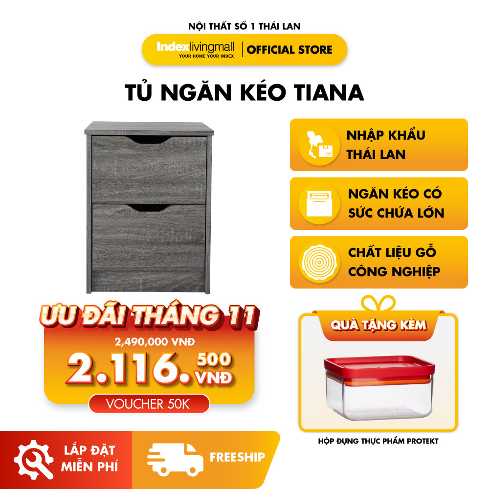 Tủ ngăn kéo gỗ 2 tầng TIANA kiểu dáng đơn giản màu xám cổ điển | Index Living Mall - Phân phối độc quyền tại Việt Nam