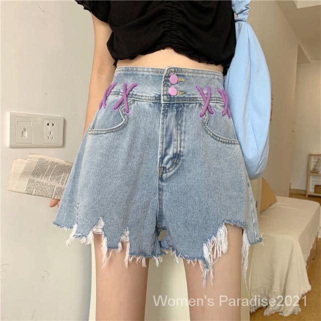 Quần short denim lưng cao ống rộng màu sắc độc đáo thời trang mùa hè cho nữ
