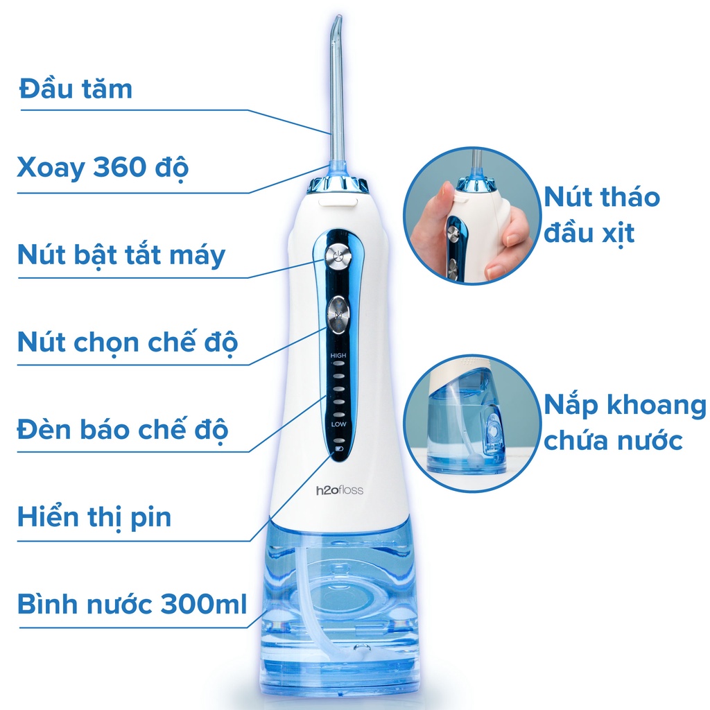 Máy Tăm Nước TEKKIN TI-HF2 Tặng Túi Vải + 7 Đầu Tăm Cải tiến công nghệ tia nước sạch X4 Lần - BH 12 tháng 1 đổi 1 - Hàng chính hãng / Hàng nhập khẩu