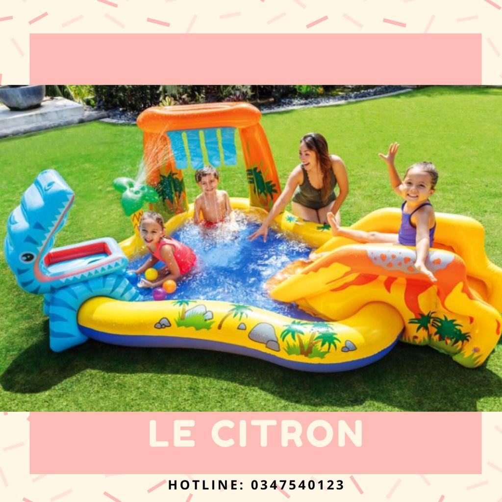 Bể bơi trẻ em phao bể bơi cầu trượt cho bé mẫu khủng long núi lửa phun nước