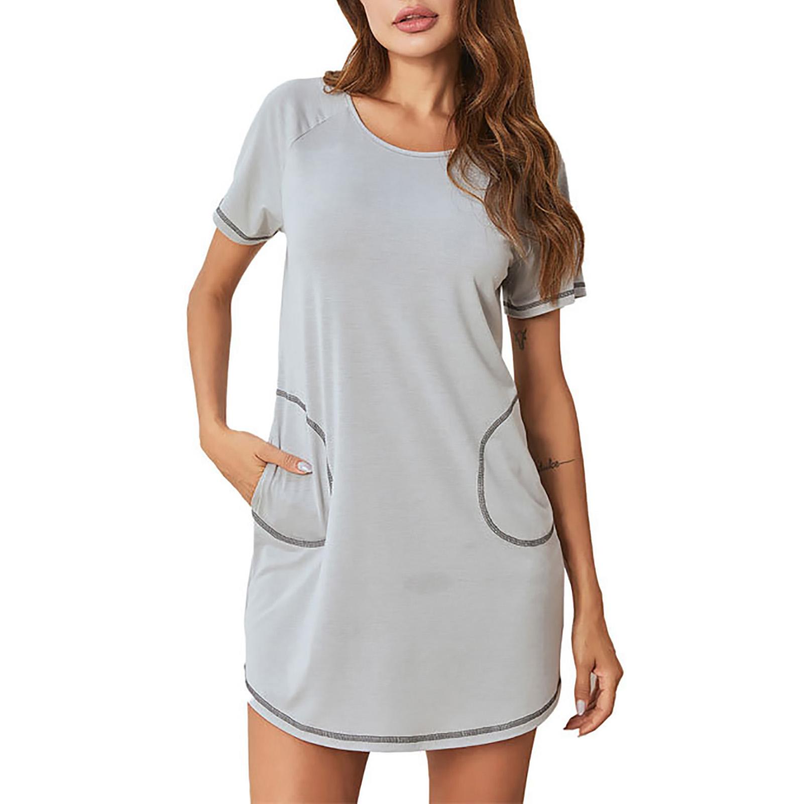 Women Sleep Dress with Side Pockets Casual Loose Short Sleeve O-Neck Pajamas Nightgown Sleepwear