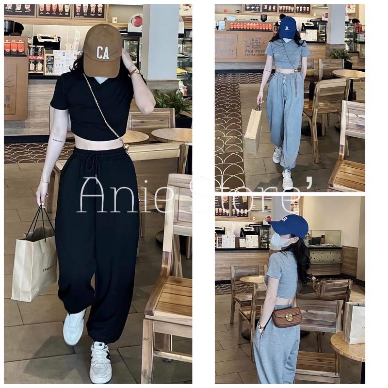 Bộ Áo Croptop Quần Jogger Nữ Set Áo Cộc Tay Quần Thun Ống Rộng 2 Màu