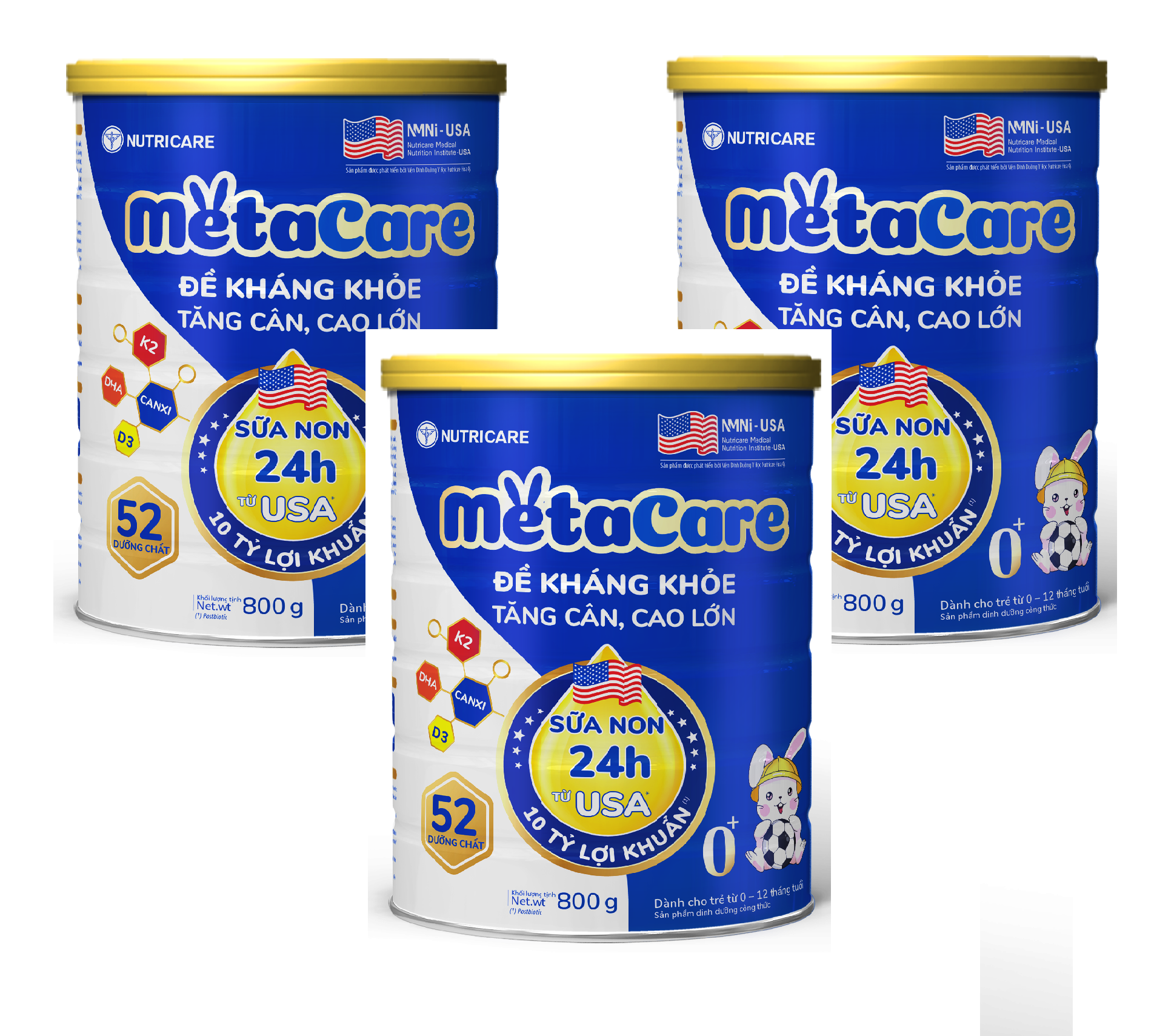 Combo 3 lon Sữa bột Nutricare MetaCare 0+ lon 800g - Đề kháng khoẻ, Tăng cân, Cao lớn