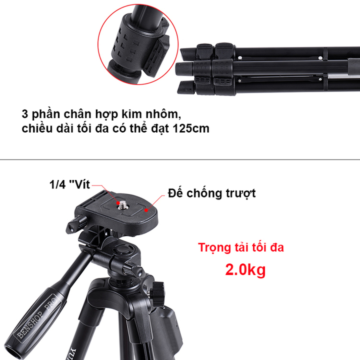 Combo Chân Máy Tripod 5208 + Đầu kẹp + Remote + Cáp + Túi đựng