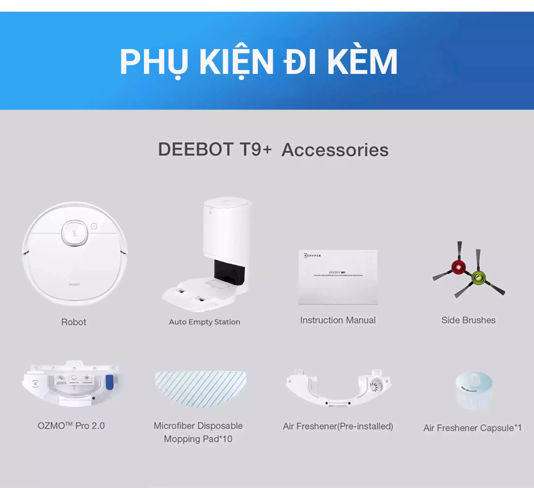 Robot hút bụi lau nhà Ecovacs Deebot T9 Plus - Trắng Bản Quốc tế - App Tiếng Việt, hàng nhập khẩu chính hãng full VAT, bảo hành chính hãng 24 tháng bởi Vietnam Robotics, lực hút 3000Pa, thời gian hoạt động 3 giờ liên tục